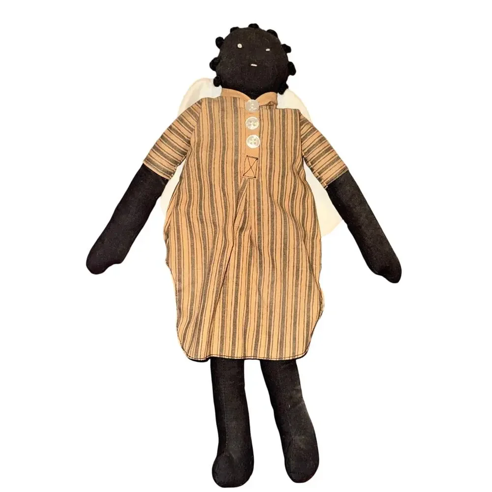 Vtg Primitive Folk Art Cloth Doll Hand Made Americana Woman Angel Wings